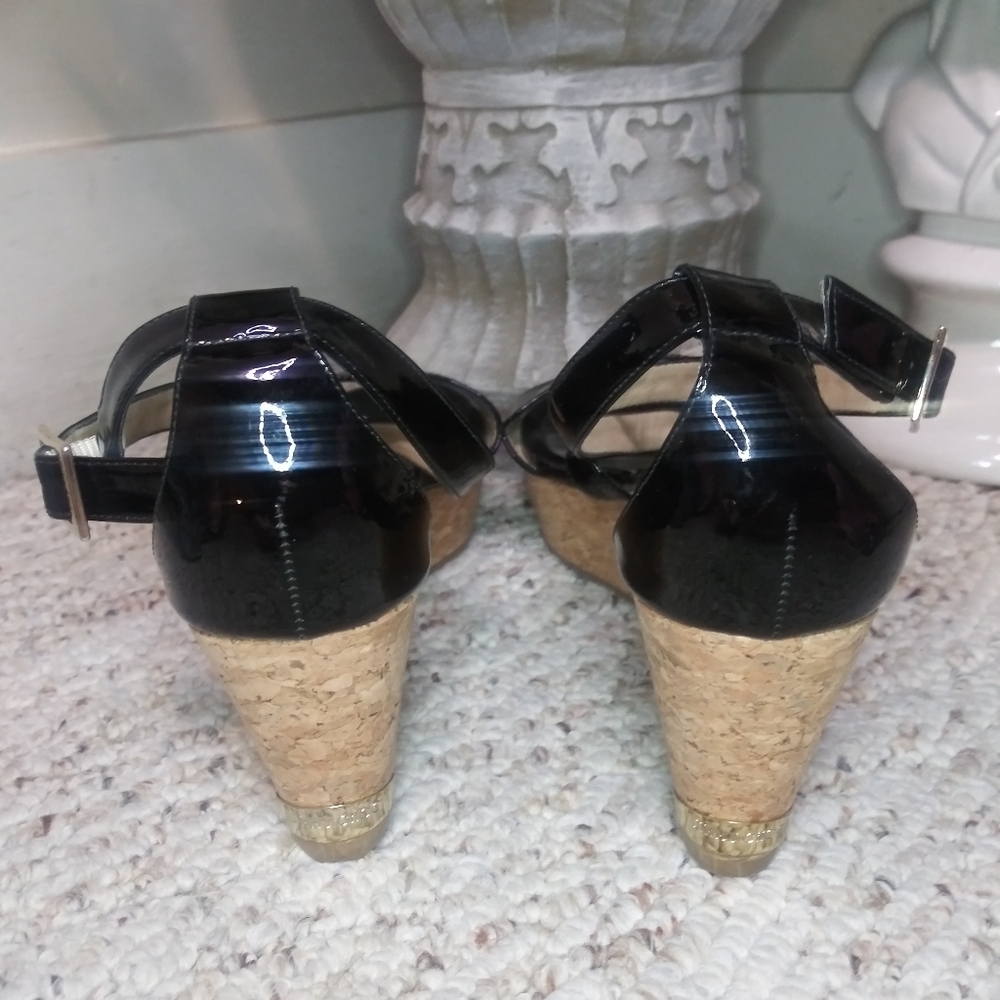 Jimmy Choo Portia 70 Black Patent Leather Cork Platform Wedge Heeled Sandals - Picture 7 of 11
